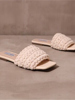 Woven Slide Sandals with Leather Footbed - Cream